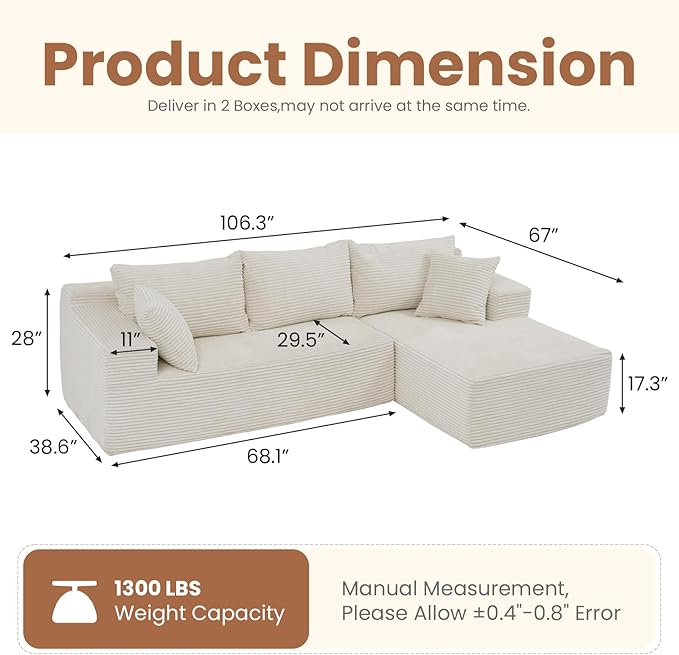 OC Orange-Casual 106.3" Cloud Sectional Couch with L-Shape Chaise,No Assembly Required Modular Sofa,Upholstered Boneless Couches for Living Room, Plush Corduroy Fabric (White, Right Facing Chaise)