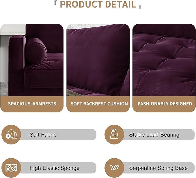 Modern Sofa,70 Inch Velvet Couch for Living Room,Spring Cushions,Easy Assembly Modern Couches with Throw Pillow for Small Spaces (Eggplant)