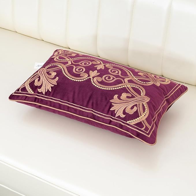 Aeckself Floral Pillow Cover 12x20 Inch, Luxury Velvet Embroidered Decorative Lumbar Throw Pillow Cover for Couch Bedroom Living Room, Burgundy Red and Gold, Yw-OBYG-Red3050