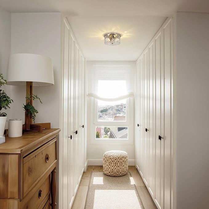 LamQee 9.8" Small Flush Mount Ceiling Light With Clear Hammered Glass, Brushed Nickel Hallway Light Fixtures Ceiling Mount for Bathroom, 2-Lights Farmhouse Close To Ceiling Light Kitchen Foyer Bedroom