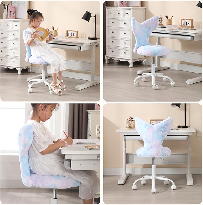 Fuzzy Desk Chair, Cute Swivel Children Desk Chair with Wheels for Kids Bedroom Upholstered Rolling Study Chair Adjustable Computer Chair Mermaid Back Vanity Chair for Teen Girls Boys, Blue Colorful
