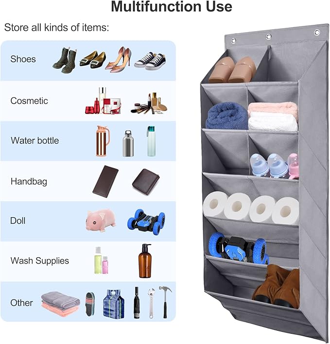 FENTEC 2 Pack Over the Door Shoe Organizer, Hanging Shoe Organizer, 6-Tier Large Deep Pockets Door Shoe Rack with 3 Hooks Shoe Organizer for Shoes, Sneakers, and Home Accessories, Grey