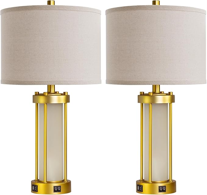 RORIA Modern Table Lamps for Living Room Set of 2, Farmhouse Bedroom Lamps for Nightstands with Dual USB Ports, Gold Bedside Lamps with White Frosted Glass Nightlight, 4 Bulbs Includes (Gold)