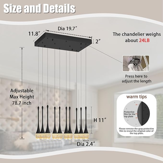 Rectangular Chandeliers for Living Room Black Dining Room Lights Fixture Raindrop Pendant Lights Kitchen Island Crystal Chandelier for Staircase Hallway Foyer Entryway