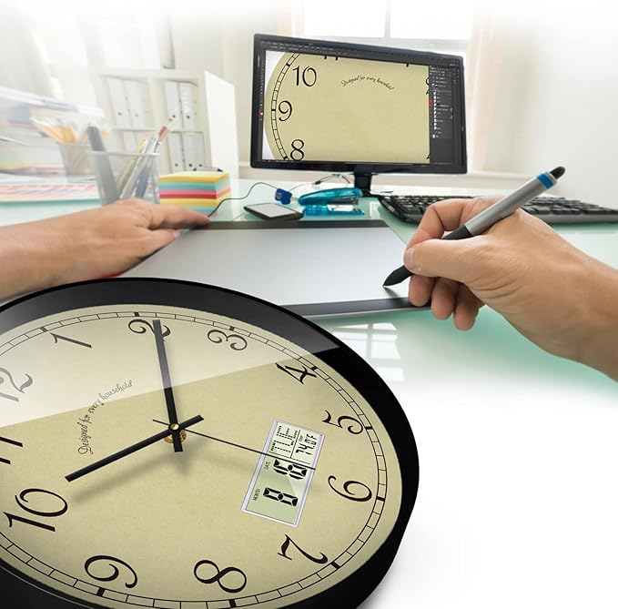 SCAOGE Retro Analog Wall Clock with Date Temperature Day Vintage Ivory Silent Battery Operated Digital Clocks with Week Large Display Clock Decorative for Living Room Kitchen Office Bathroom 12 Inch