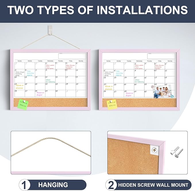 Dry Erase Calendar Cork Board Combo, 17x13 Inches Calendar Whiteboard for Wall, Small Magnetic White Board with Pink Wood Framed, Dry Erase Board for Planner Office Kitchen Home Memo