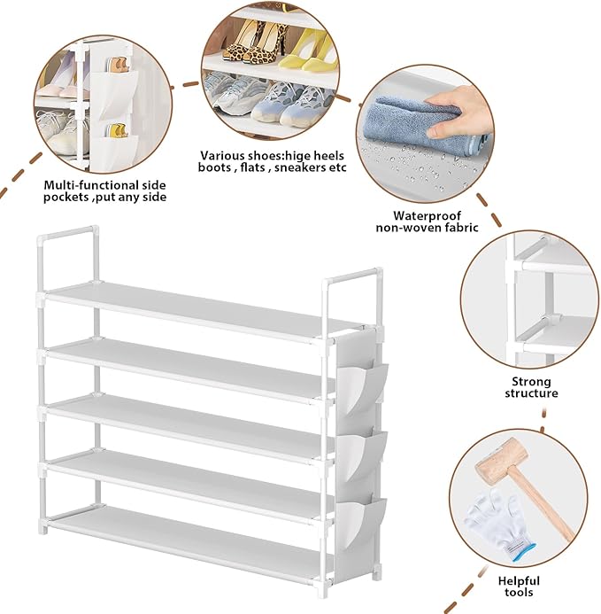 5 Tier Shoe Organizer, 33.3in Wide x 11.2in Deep x 35.6in Tall, Black Metal and Plastic Shoe Rack with Side Bag, Holds 20-25 Pairs of Shoes