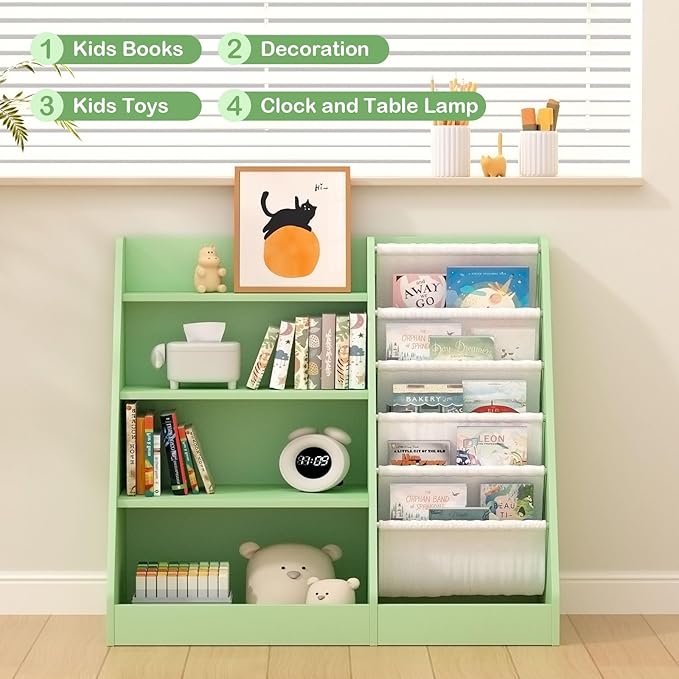 Kids Bookshelf Toddler Bookcase Children Book Rack Baby Toy Storage Organizer Child Book Display Shelf 4-Tier 5 Layer Sling Cabinet Chest Playroom Bedroom Classroom Library Green