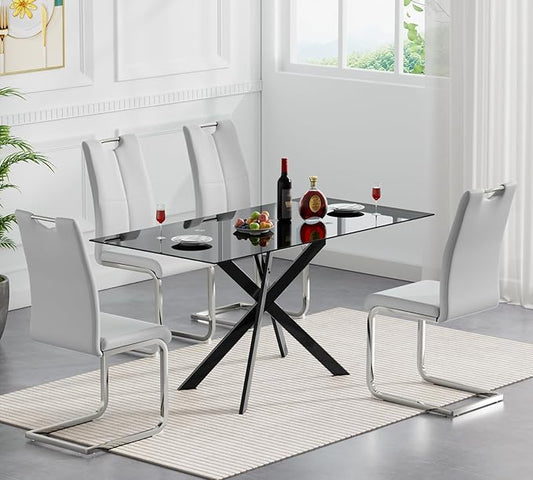 Goujxcy Modern Glass Dining Table Set for 4, Black Glass Kitchen Table and Chairs Set, 5 Piece Dining Room Table Set with 51" Rectangle Dinner Table and 4 Grey Leather Dining Chairs