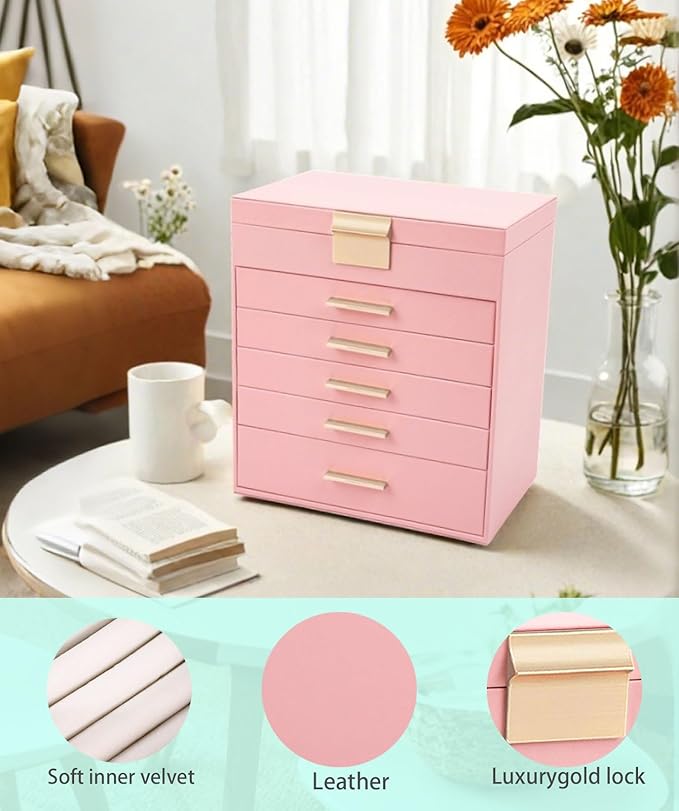BOOVO Jewelry Box with Necklace Hanger – 6 layer Jewelry Organizer for Women with 5 Drawers, Large Jewelry Storage Boxes –Jewelry Organizers and Storage for Earrings, Necklaces (Pink, 6 layer)