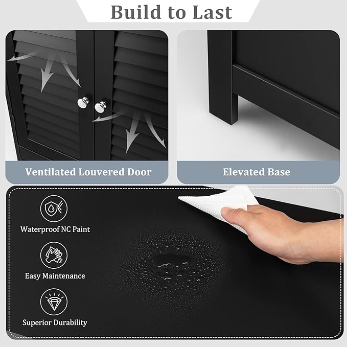 Tangkula Bathroom Floor Cabinet, Wooden Freestanding Storage Cabinet with Double Shutter Door & Adjustable Shelf, Storage Cabinet for Bathroom Living Room (Black)