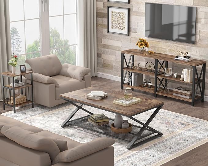 LVB Rustic Coffee Table with Storage, Industrial Wood Metal 2 Tier Center Living Room Table with Mesh Shelf, Farmhouse Wooden Low Rectangle Cocktail Tea Table for Office Bedroom, 47 inch, Rustic Brown
