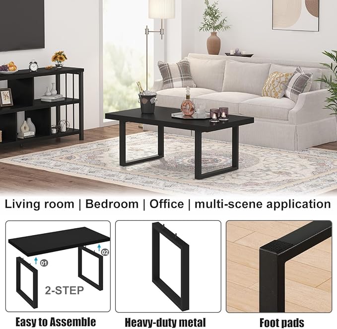 IBF Black Coffee Table, Minimalist Industrial Wooden Center Table, Modern Simple Rectangle Living Room Table, Farmhouse Wood and Metal Cocktail Coffee Table for Home Bedroom Office, Black Oak, 39 inch