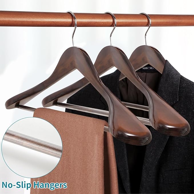 Solid Wood Suit Hangers, 6 Pack, Coat Hangers with Non Slip Trouser Bar, 360° Swivel Hook, Heavy Duty Wide Hangers for Suit, Coat, Jacket, Trousers, Pants,17.3" W x 9" H, Dark Walnut AWY0406H