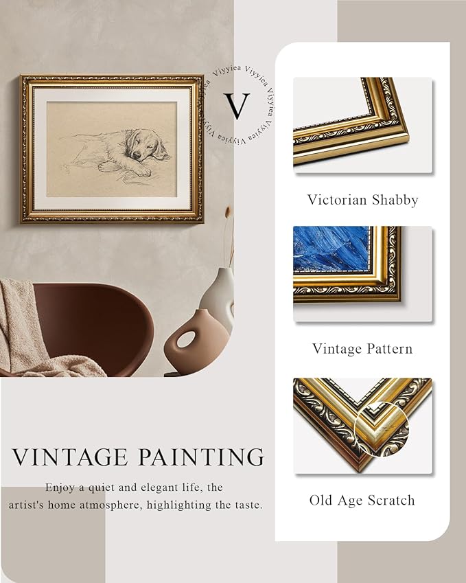 VIYYIEA Gold Framed Wall Art, Sleeping dog Canvas Print Home Decor Vintage Art Painting Picture Bathroom Wall Decor, Animals Artwork for Living Room Bedroom Kitchen Office - 16L x 13W