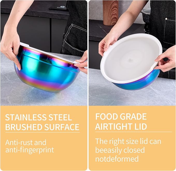 4-Piece Rainbow Stainless Steel Mixing & Serving Bowl Set With Airtight Lid, Unbreakable Deep Soup Bowl