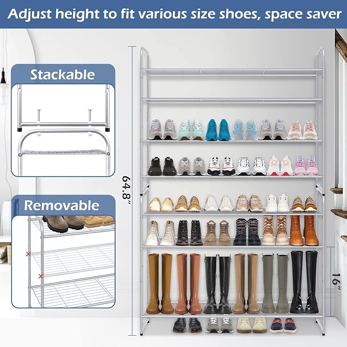 KEETDY 4-Tier Long Shoe Organizer for Closet Floor, Wide Shoe Rack for Closet, Stackable Shoe Rack for Entryway Metal Shoe Shelf for 30 Pairs Men Sneakers with Wire Grid for Bedroom, Grey