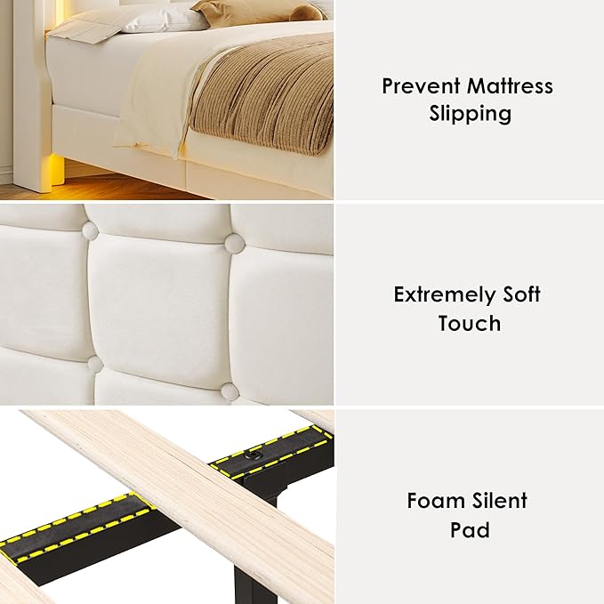 Keyluv Upholstered Full Floating Bed Frame with RGB LED Lights and Charging Station, Velvet Platform Bed with Button Tufted Storage Headboard, Type-C & USB Charging Ports, No Box Spring Needed, Beige