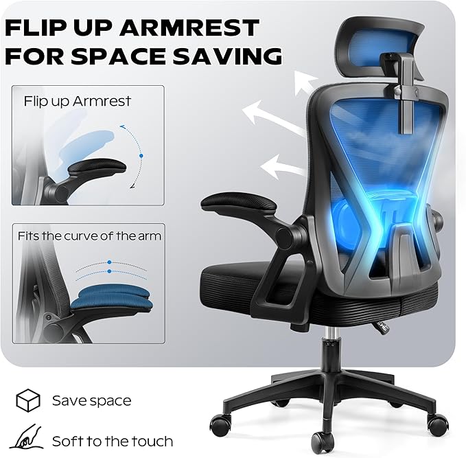 Ergonomic Office Chair, Home Office Desk Chair with Headrest, High Back Mesh Chair with Flip-up Armrests, Comfy Desk Chair with Lumbar Support, Rolling Swivel Task Computer Chair for Home Office
