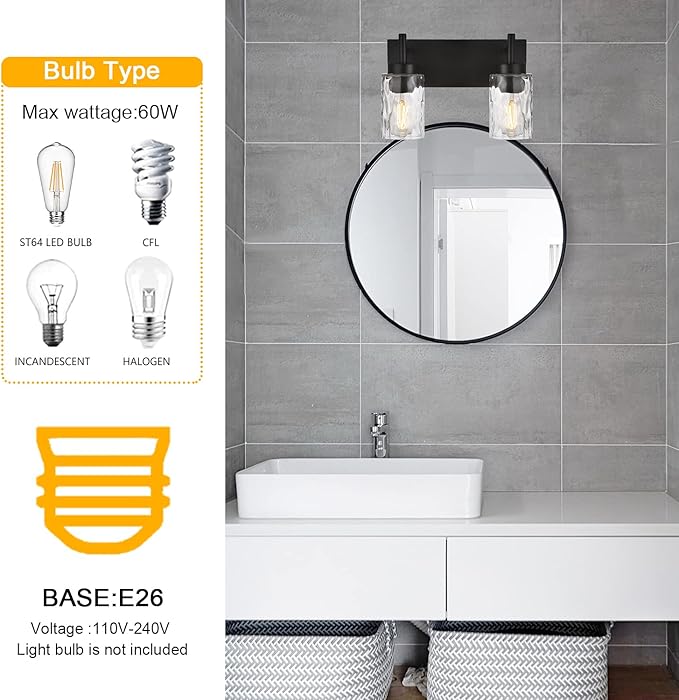 BONLICHT 2 Light Farmhouse Wall Sconce Vanity Lights Modern Black Bathroom Lighting Fixtures with Hammered Glass Shade,Industrial Porch Metal Wall Mount Lamp for Hallway Kitchen Bedroom Laundry Room