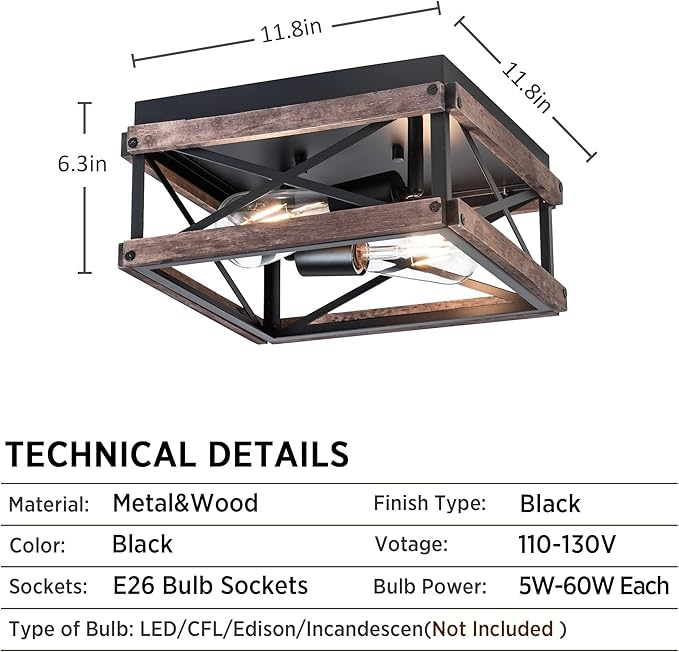 MAYNA 2-Light Industrial Ceiling Light Fixtures, Farmhouse Flush Mount Ceiling Light, Metal and Wood Square Dining Room Light Fixture for Hallway Bedroom Balcony Farmhouse,Black