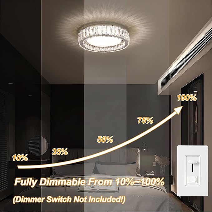 Modern K9 Crystal Dimmable LED Flush Mount Ceiling Light,15 Inch 36W/5CCT 3000K-6000K Luxury Chrome Round Close to Ceiling Lighting Fixtures for Living Room,Kitchen,Bedroom,Dining Room