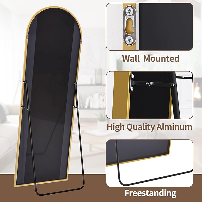 OGCAU Floor Mirror with Aluminum Alloy Frame, Full Length Standing Hanging or Leaning Against Wall, Body Mirror for Floor & Wall in Bedroom, Arched-Top, Wall-Mounted (Gold)