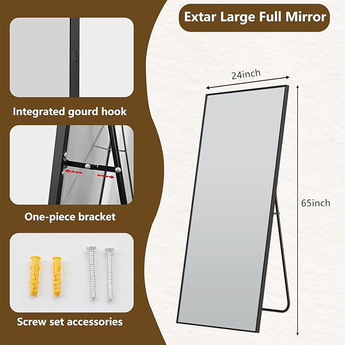 Koonmi 65"x24" Floor Mirror Full Length, Bedroom Floor Body Mirror with Stand, Large Black Mirror, Leaning, Standing or Hanging Horizontally/Vertically