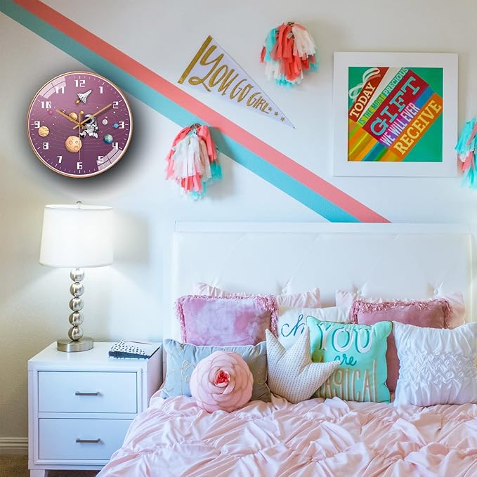 12 Inch Silent Movement Kids Wall Clock, Non Ticking Children Round Wall Clock Battery Operated Space Travel Style Decor Children Clock for Home School Girls Bedroom Living Room (Pink)