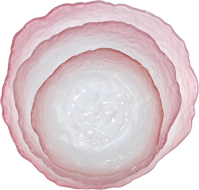 Glass Salad Bowls Set 3 Irregular Shaped Mixing Bowls Ideal for Kitchen Prep of Fruit, Pasta, Popcorn & Snacks - Stylish and Functional Tableware Essential (Pink)