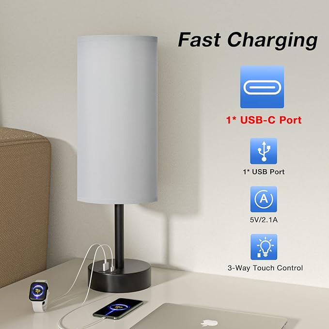 Grey Touch Nightstand Lamps for Girl - Small Bedside Lamp with USB-C and USB Charging Ports, 3 Way Dimmable Control Table Lamp for Living Room Office, Dorm, Reading with Fabric Shade Black Base