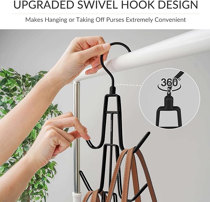 ZEDODIER Purse Organizer for Closet, 3 Pack Rotatable Sturdy Purse Hanger Bag Rack with 18 Hooks, Space Saving Handbag Backpack Holder, Closet Organizers and Storage, Black