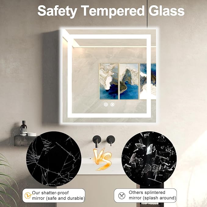 24 X 24 Inch Square LED Bathroom Vanity Mirror, 3 Colors Light Dimmable, Wall Mounted Memory Lighted Makeup Mirror with Anti-Fog Touch Switch (Front-lit&Backlit)