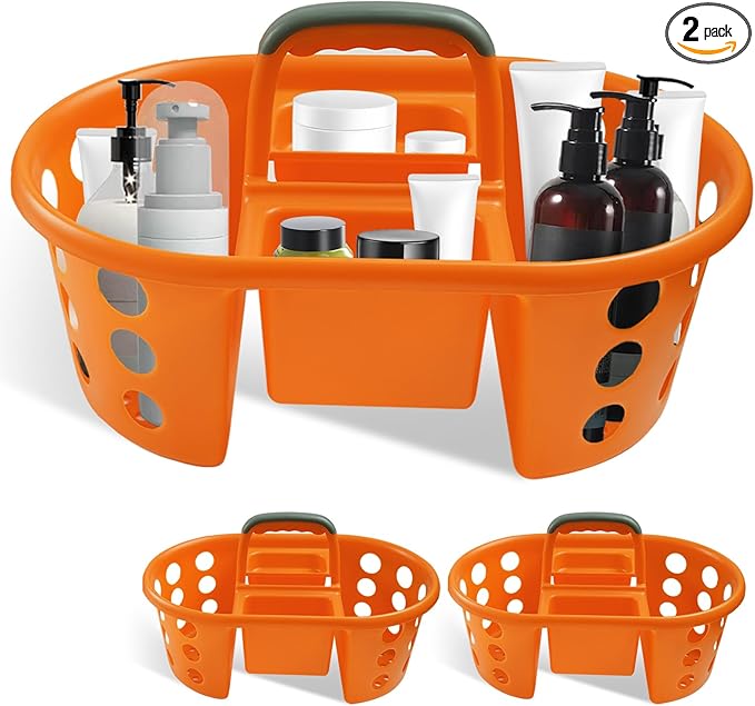 Large Shower Caddy Portable 2PC - Made in USA Plastic Jumbo Size Dorm Storage Candy Tote with Handle Shower Organizer for Bathroom, Pantry, Kitchen, College Dorm, Orange
