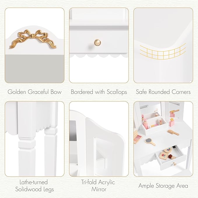 Spirich Pretend Play Kids Vanity Set with Mirror and Stool, Kids Make Up Vanity Desk for Little Girls, Children Makeup Dressing Table with Drawer