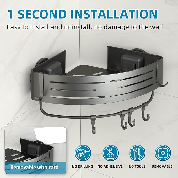 Onemake Corner Shower Caddy with Suction Cups, 2-Pack Removable Aluminum Wall Mounted Organizer Shelves Storage Rack with Towel Bar Portable Hook for Bathroom, Grey