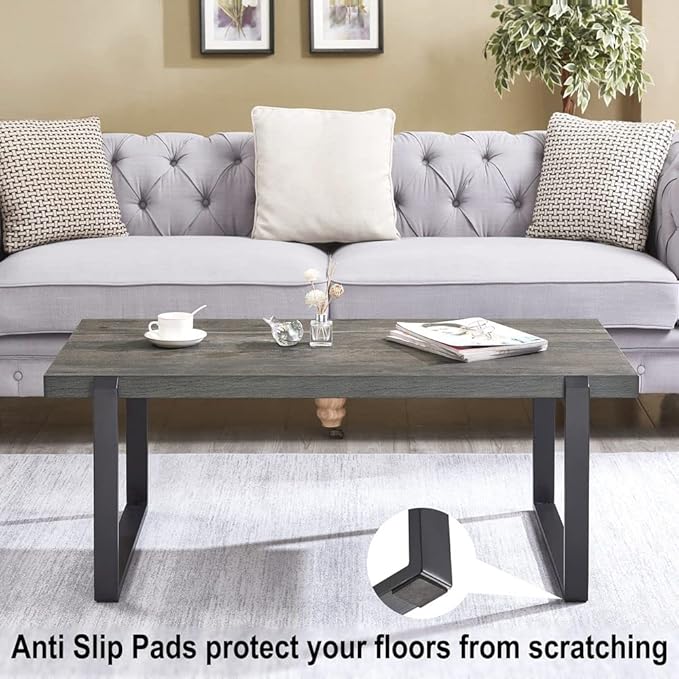 EXCEFUR Modern Coffee Table, Rustic Wood and Metal Center Table, Rectangle Cocktail Tea Table for Living Room, Grey, 44 Inch