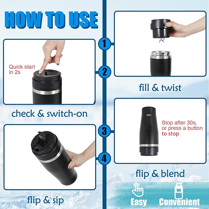 Ice Shave 2-in-1 Stainless Steel Vacuum Tumbler & Cordless Blender - 28oz, Leak Resistant, Cold 24Hrs/Ice 2 Days, 120 Watts with Waterproof Charging - For Smoothies, Home/Office/Car, Black