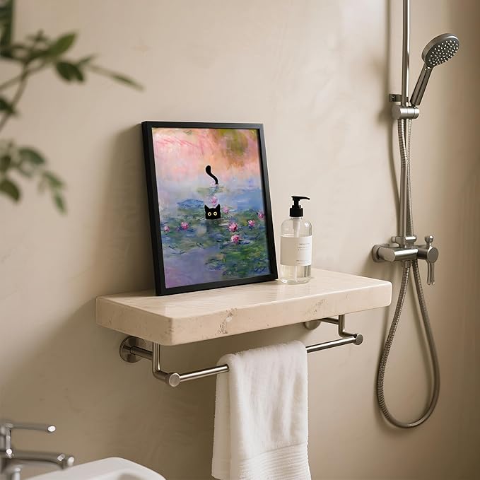 Krtoni Framed Funny Black Cat Canvas Wall Art, Black Cat in the Pink Water Lily Wall Decor, Vintage Preppy Aesthetic Animal Posters Prints for Living Room Bedroom Bathroom Decor 10''L x 8''W