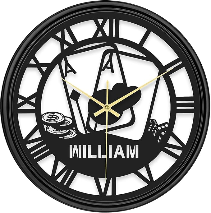 Personalized Name Metal Wall Clock, Custom Poker Cards Hanging Clock with 7 Color Changing, Iron Art Clock, Hanging Decor for Bedroom, Living Room, Home, Playroom, Game Room