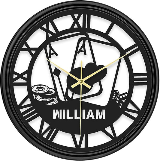 Personalized Name Metal Wall Clock, Custom Poker Cards Hanging Clock with 7 Color Changing, Iron Art Clock, Hanging Decor for Bedroom, Living Room, Home, Playroom, Game Room