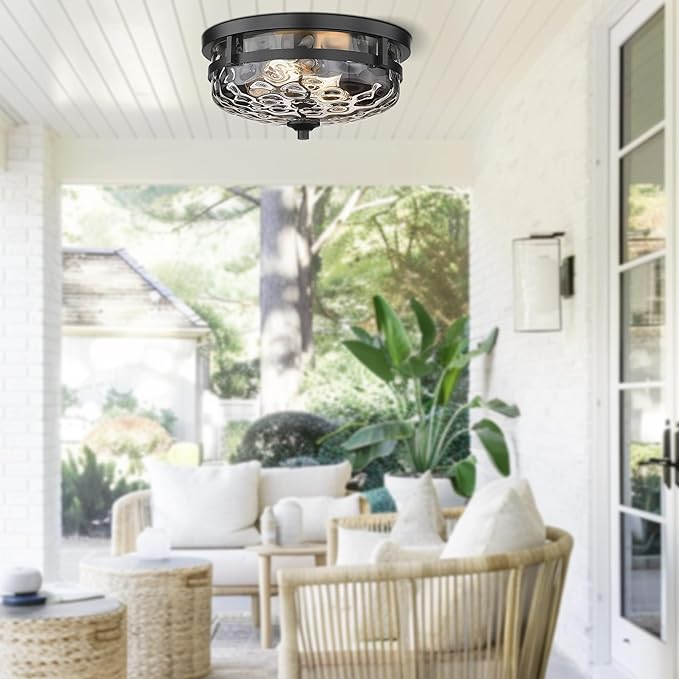 Casia Flush Mount Ceiling Lights, 2-Light Farmhouse Close to Ceiling Light, Hammered Glass Ceiling Light, Industrial Ceiling Lighting Fixture for Kitchen Hallway Living Room Stairwell (Black)