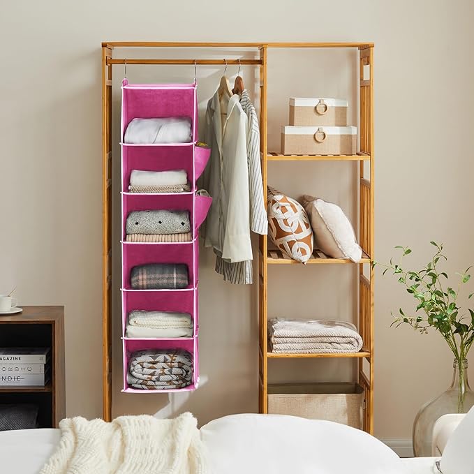 YOUDENOVA Hanging Closet Organizer and Storage, 6-Shelf Closet Hanging Storage Shelves, Light Pink