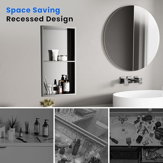 POPFLY 12"×24" Stainless Steel Shower Niche, Double Shelves Bathroom Niche No Tile Needed Recessed Niche Shower for Bathroom Storage, Horizontal or Vertical Insert, Nano Silver