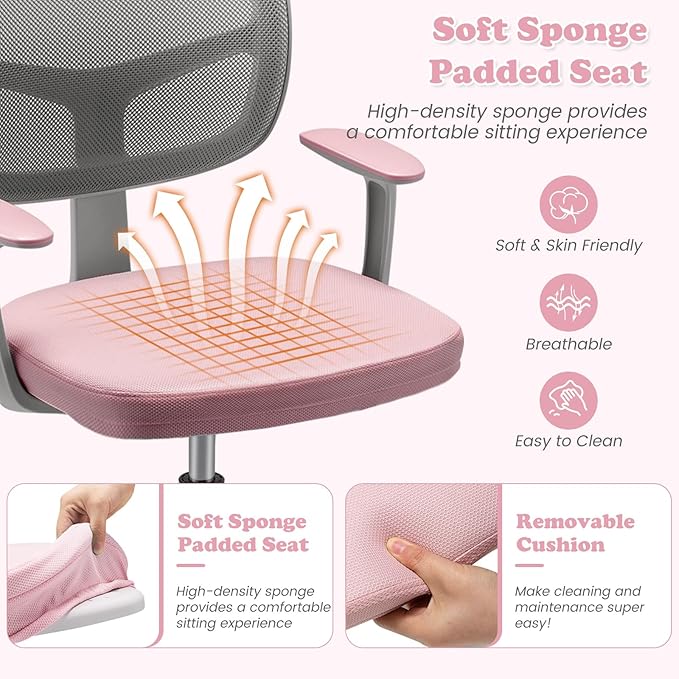 Giantex Kids Desk Chair, Children Computer Chair with Wheels and Y-Shaped Lumbar Support, Mesh Kids Study Seating, Height Adjustable Desk Chair for Girls Boys Aged 4-13, Pink