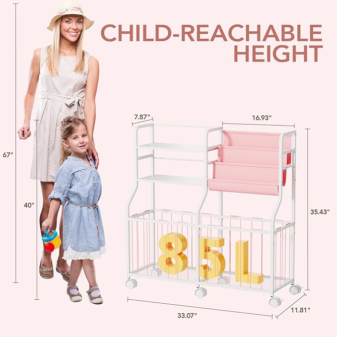 BBLIKE Stuffed Animal Storage Organizer - Rolling Kids Bookshelf and Toy Storage with 3 Tiered Book Display and Toy Chest - Rolling Furniture for Kids Room, Playroom, Bedroom, Nursery, Pink