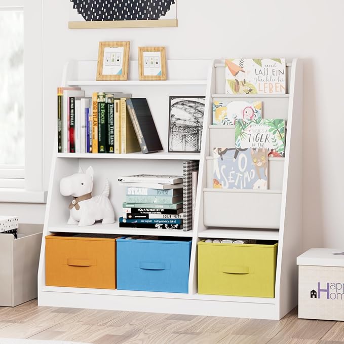 Kids Bookshelf Wood Montessori Toy Storage Organizer Cabinet Shelf Child Bookcase Toddler Baby Sling Book Rack 3 Cube Bin Fabric Drawers for Playroom Bedroom Nursery School