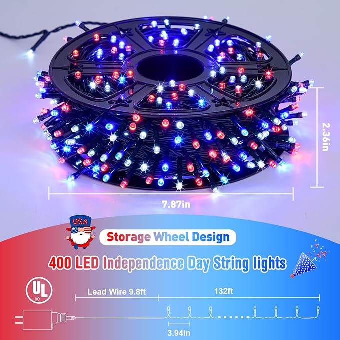 JMEXSUSS 400 LED Red White and Blue Lights Plug in, 4th of July Decorations Patriotic Lights Outdoor for American Holiday Tree Party Independence Memorial Day Decor