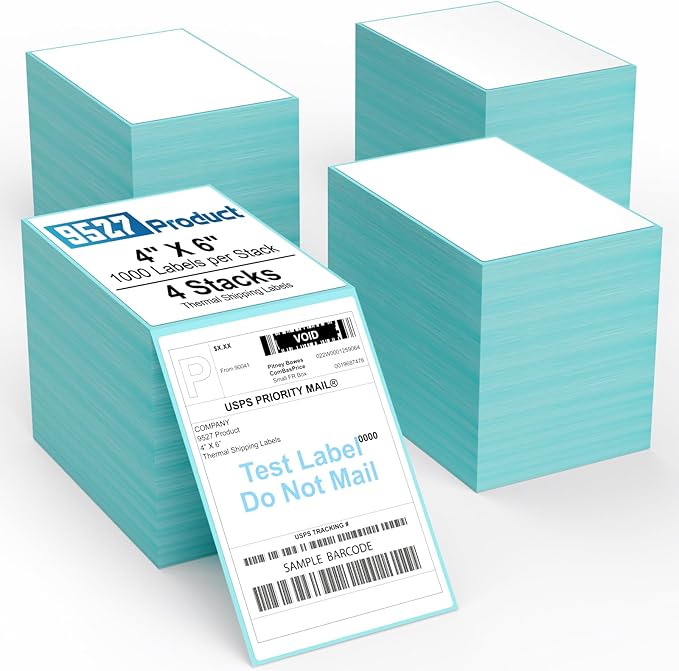 9527 Product Fanfold 4 x 6 Direct Thermal Labels with Blue Background Paper Perforated Shipping Labels for Thermal Printers, 1000 Label per Stack, 4 Stacks 4000 Label