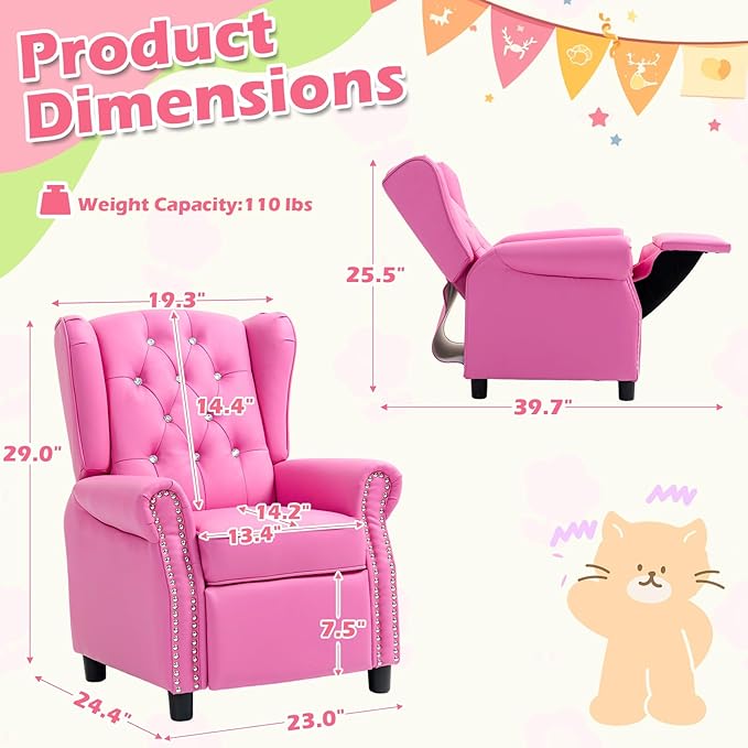 AVAWING Kids Wingback Recliner Chair with Studded Tufted Backrest & Nailhead Trim, PU Leather Kids Chair with Adjustable Backrest and Footrest, for Bedroom or Nursery, Pink